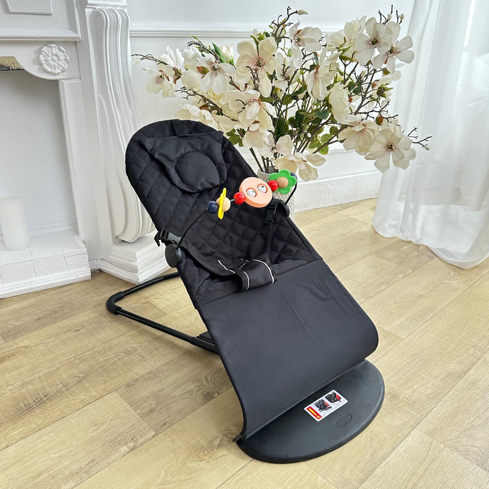 Шезлонг дитячий центр, що заколисує, з подушкою і дугою для новонароджених дітей Чорний