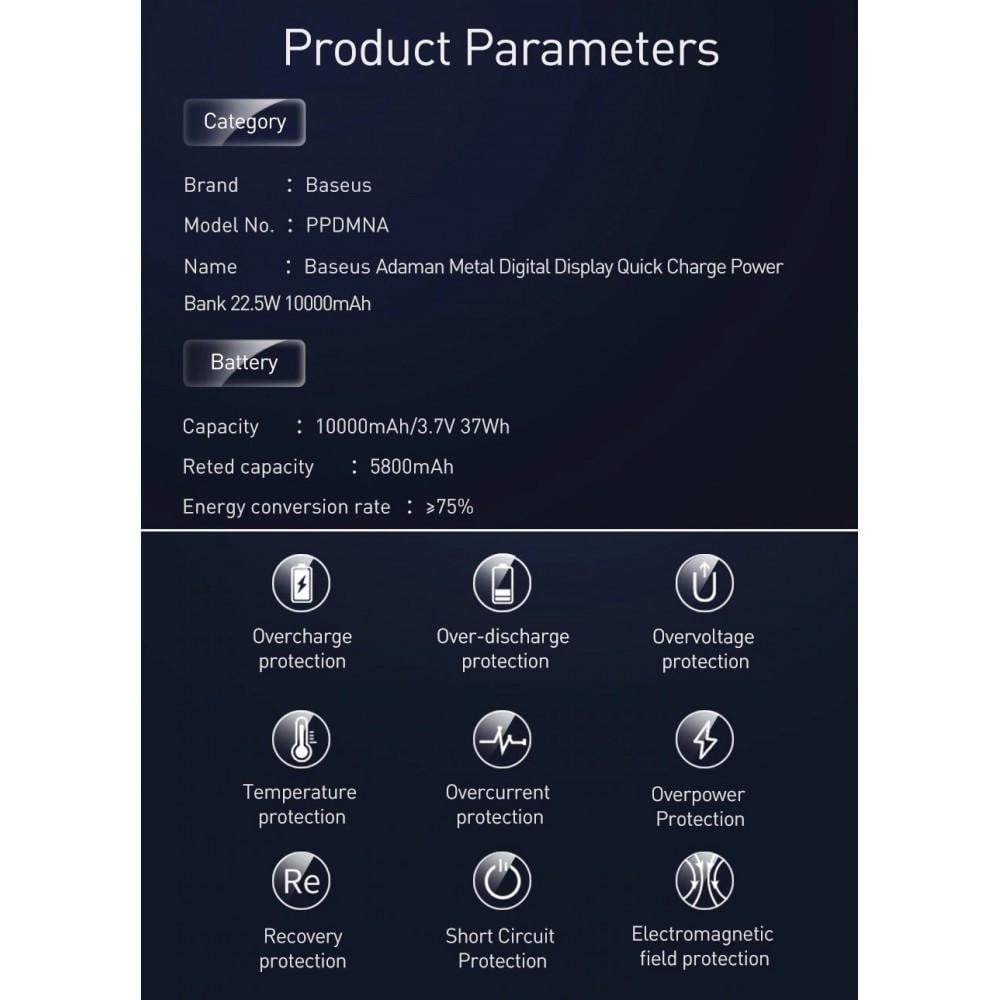 Повербанк BASEUS Adaman Metal Digital Display QC 22.5W 10000 mAh Black (25397390) - фото 8 Повербанк BASEUS Adaman Metal Digital Display QC 22.5W 10000 mAh Black (25397390) - фото 8