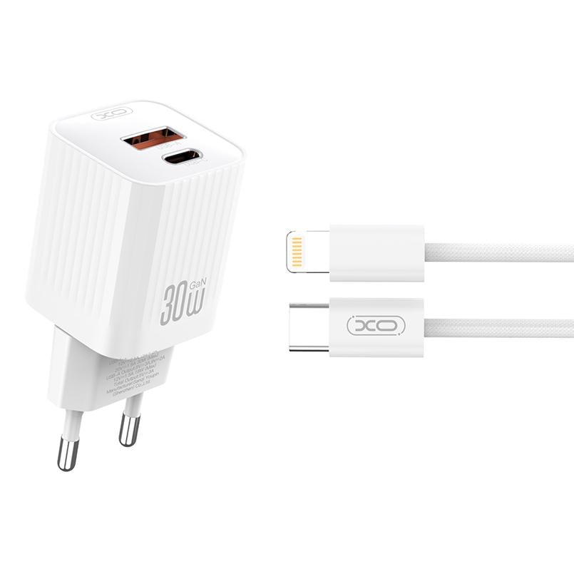 Сетевое зарядное устройство XO L149 PD30W 1USB-A+1USB-C Lightning кабель Белый (XO-L149+L)