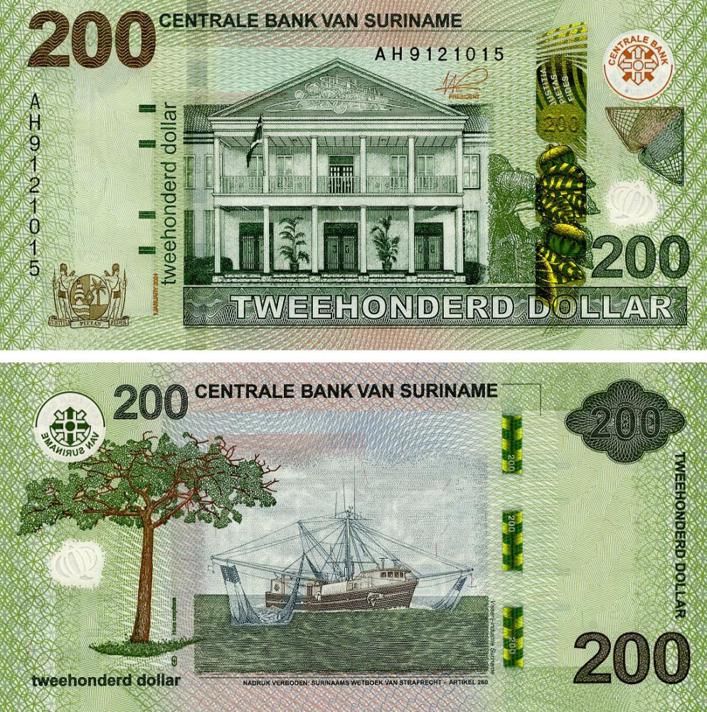Банкнота коллекционная Суринам 200 долларов 2024 UNC (P166A)