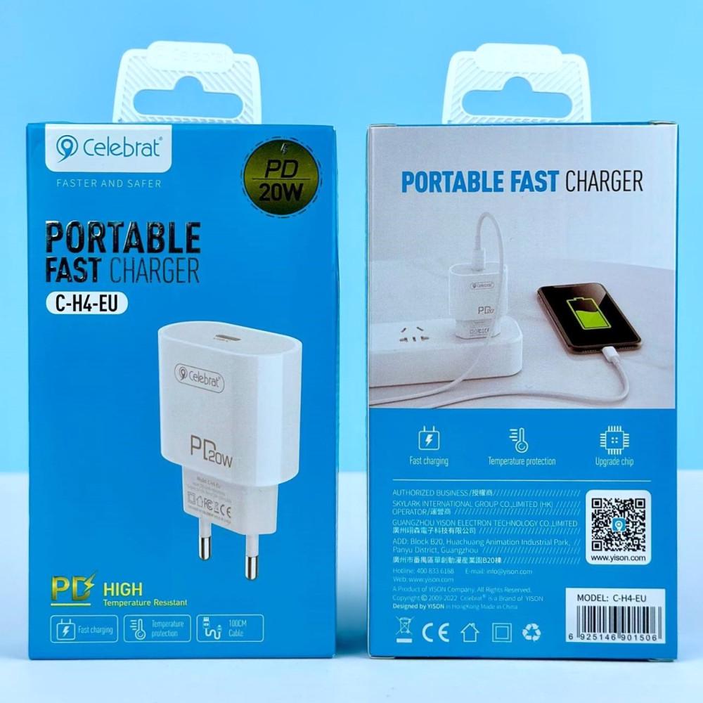 Сетевое зарядное устройство для Celebrat C-H4 Portable Type-C 20W Charger с кабелем Type-C White - фото 2