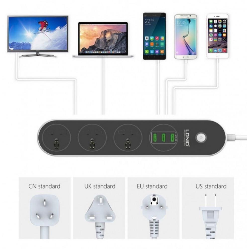 Подовжувач мережевий Ldnio SC3301 3U 3P 3.1A 1,6 м Чорний - фото 2 Подовжувач мережевий Ldnio SC3301 3U 3P 3.1A 1,6 м Чорний - фото 2