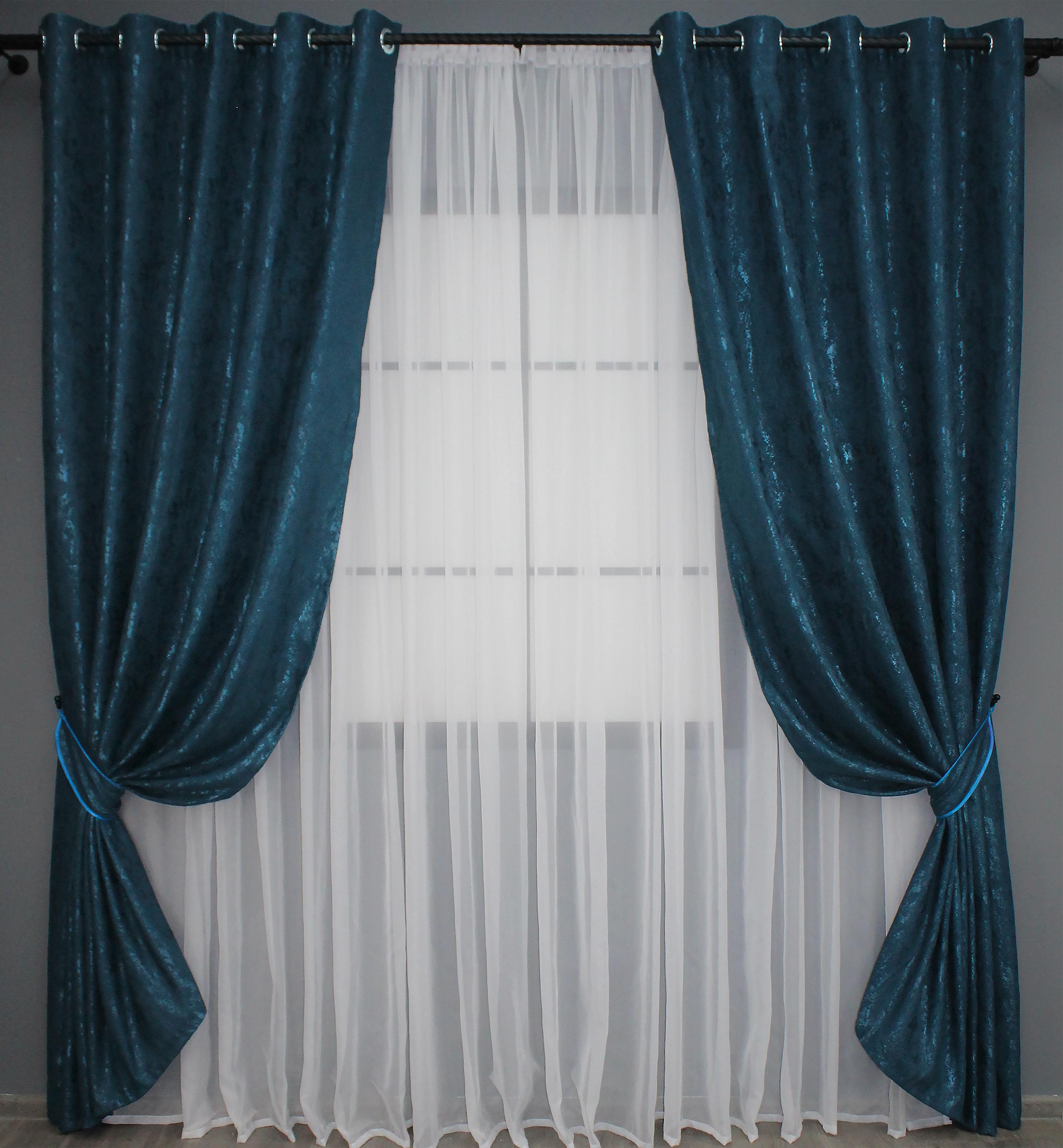 Комплект штор на люверсах VR-Textil мрамор Pavliani № 1365ш лен 150х250 см 2 шт. Синий (37-0050)