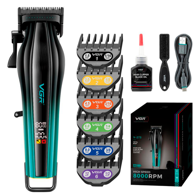 Машинка для стрижки VGR V-273 акумуляторна 6 насадок USB-C зарядка LED-дисплей (ML-04849)