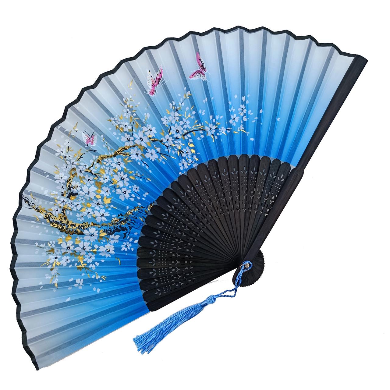Веер деревянный Цветы и бабочки 21х37 см Голубой (C5496)