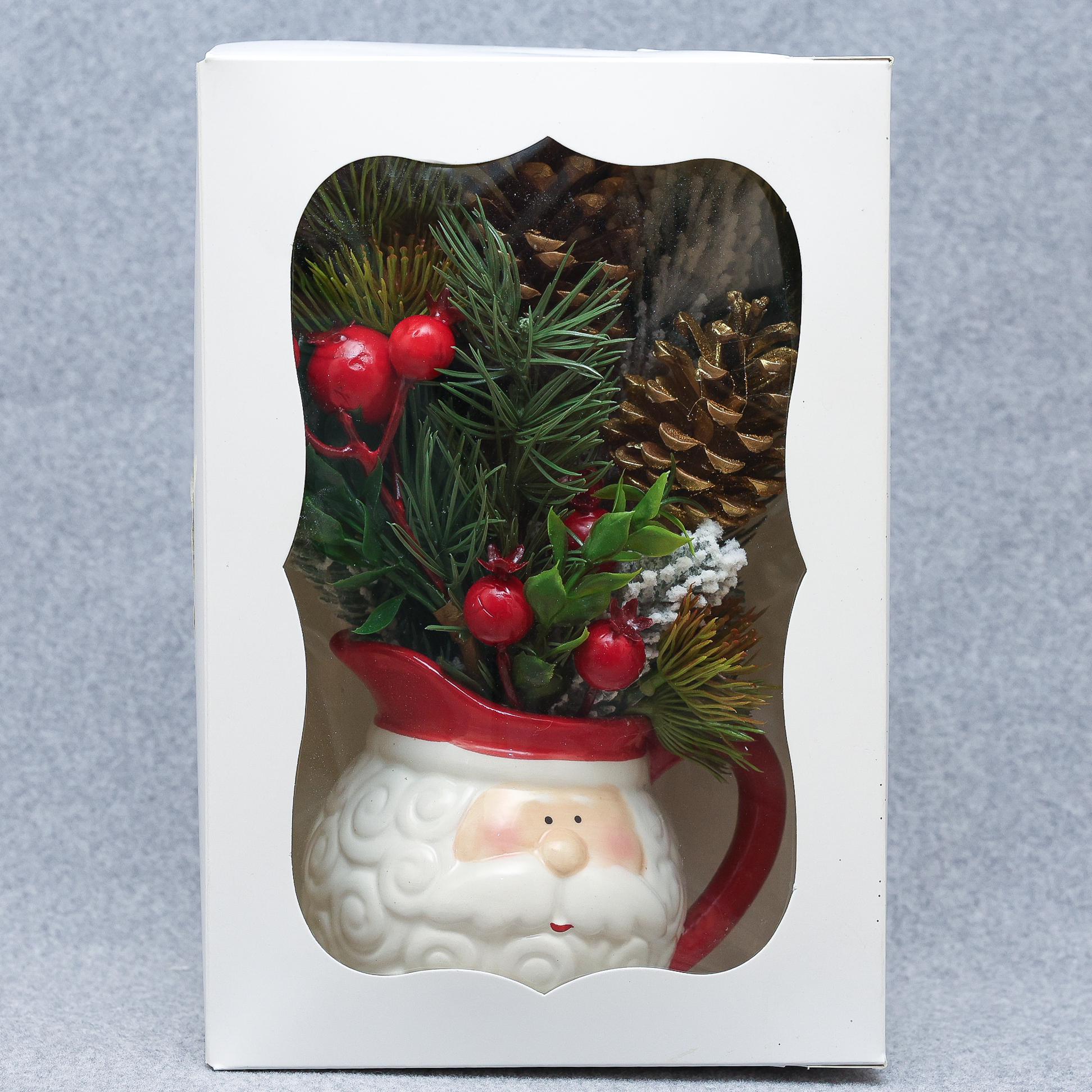 Композиция новогодняя Санта в керамическом кувшине с шишками/сосной и ягодами 25 см (М1525) - фото 3 Композиция новогодняя Санта в керамическом кувшине с шишками/сосной и ягодами 25 см (М1525) - фото 3
