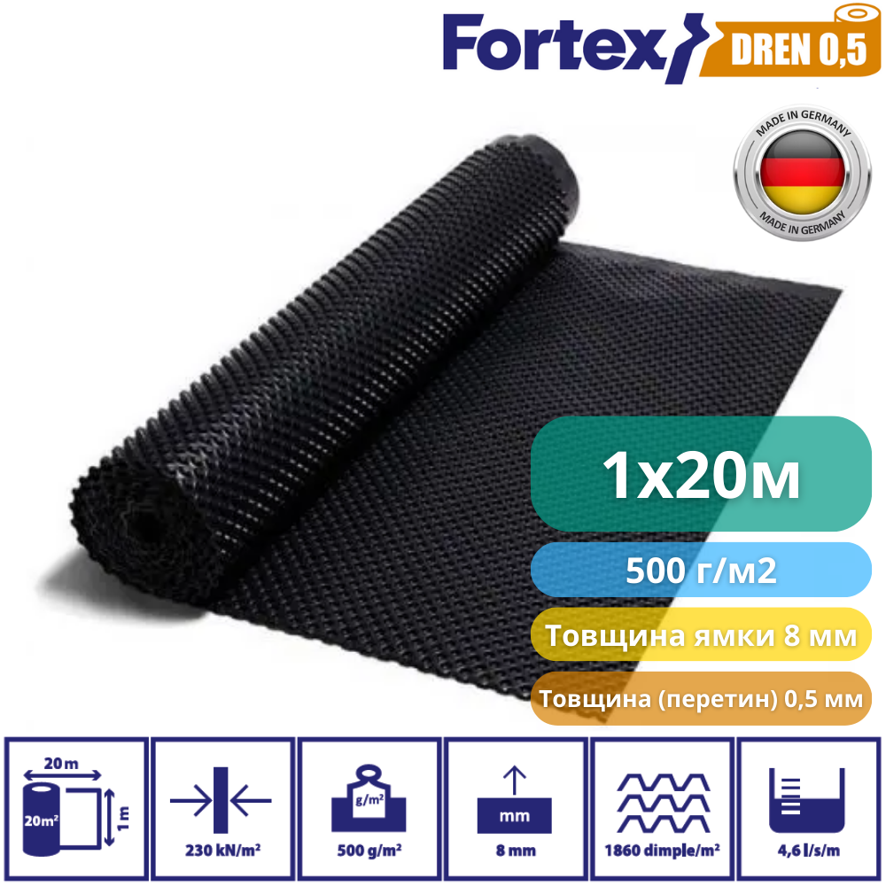 Мембрана для фундамента дренажная Fortex DREN 0,5 1x20 м 20 м2 (340052) - фото 3 Мембрана для фундамента дренажная Fortex DREN 0,5 1x20 м 20 м2 (340052) - фото 3