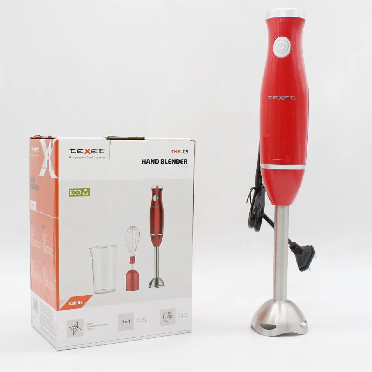 Блендер погружной TeXet THB-05 3в1 450Вт 220-240 в 50/60 Гц с мерным стаканом 600 мл ножи из нержавеющей стали Красный