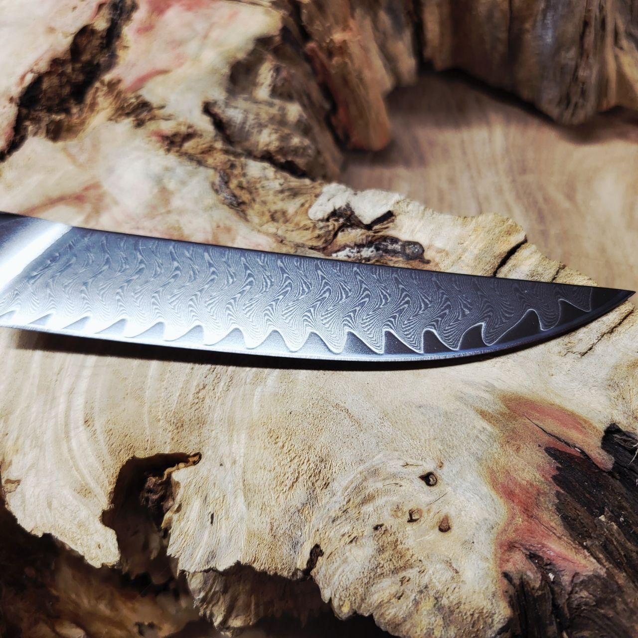 Кухонний ніж із дамаської сталі з дерев'яною рукояттю - фото 3
