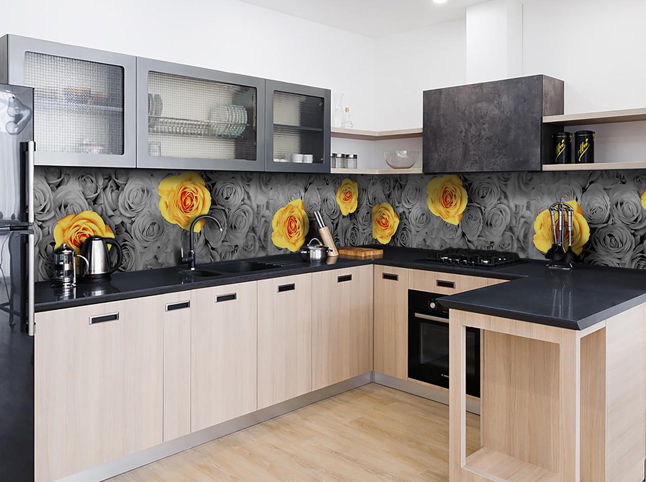 Кухонный фартук Бутоны желтые розы из самоклеющейся виниловой пленки 60х250 см Серый