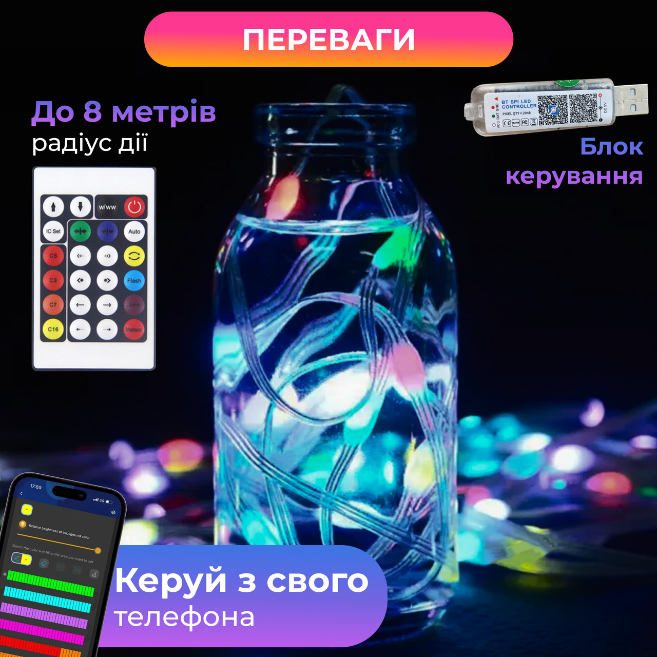 Смарт-гірлянда Smart 250 led Garlando Pro USB керування телефоном та пультом 10 ниток по 2,5 м Різнокольоровий (1733044W) - фото 5 Смарт-гірлянда Smart 250 led Garlando Pro USB керування телефоном та пультом 10 ниток по 2,5 м Різнокольоровий (1733044W) - фото 5