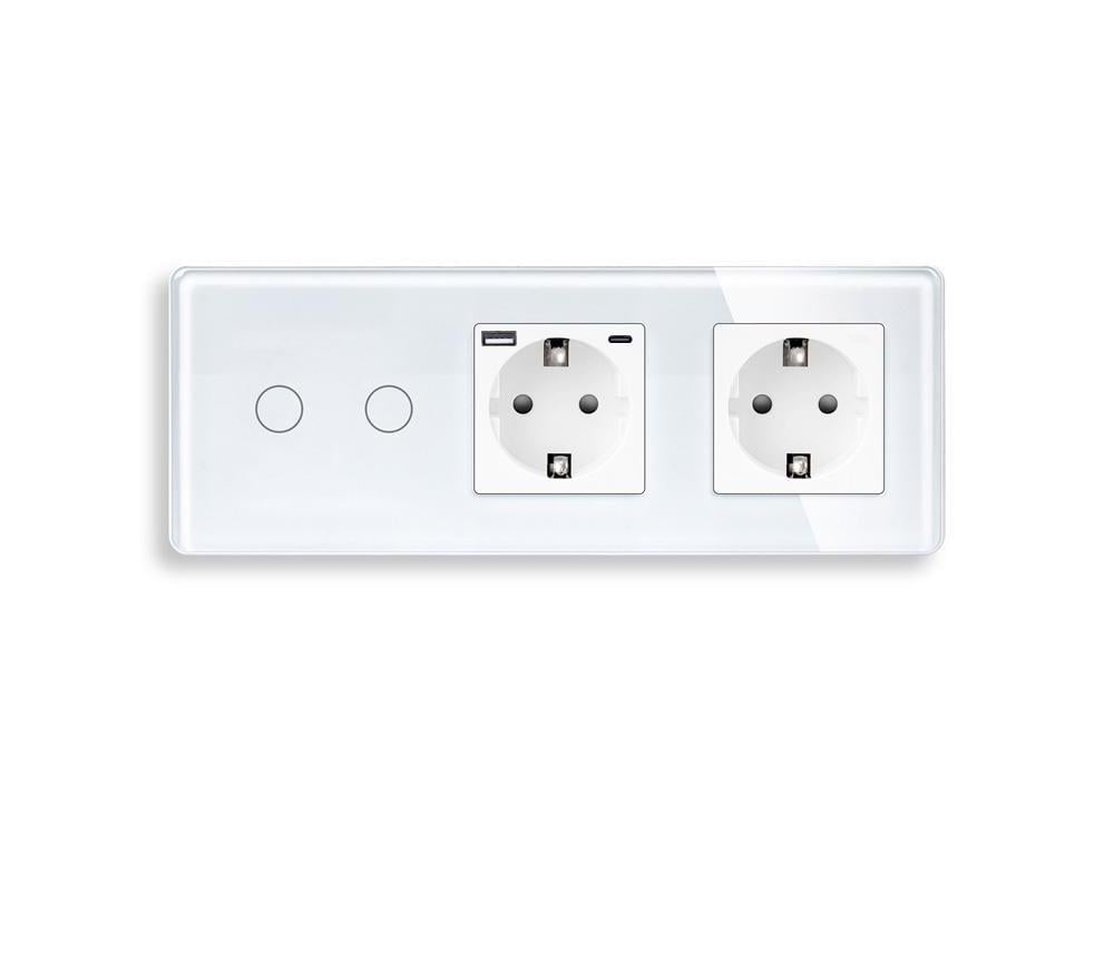 Выключатель двойной ELIOS сенсорный с розеткой USB A+C 20Вт с заземлением/шторками стекло Белый
