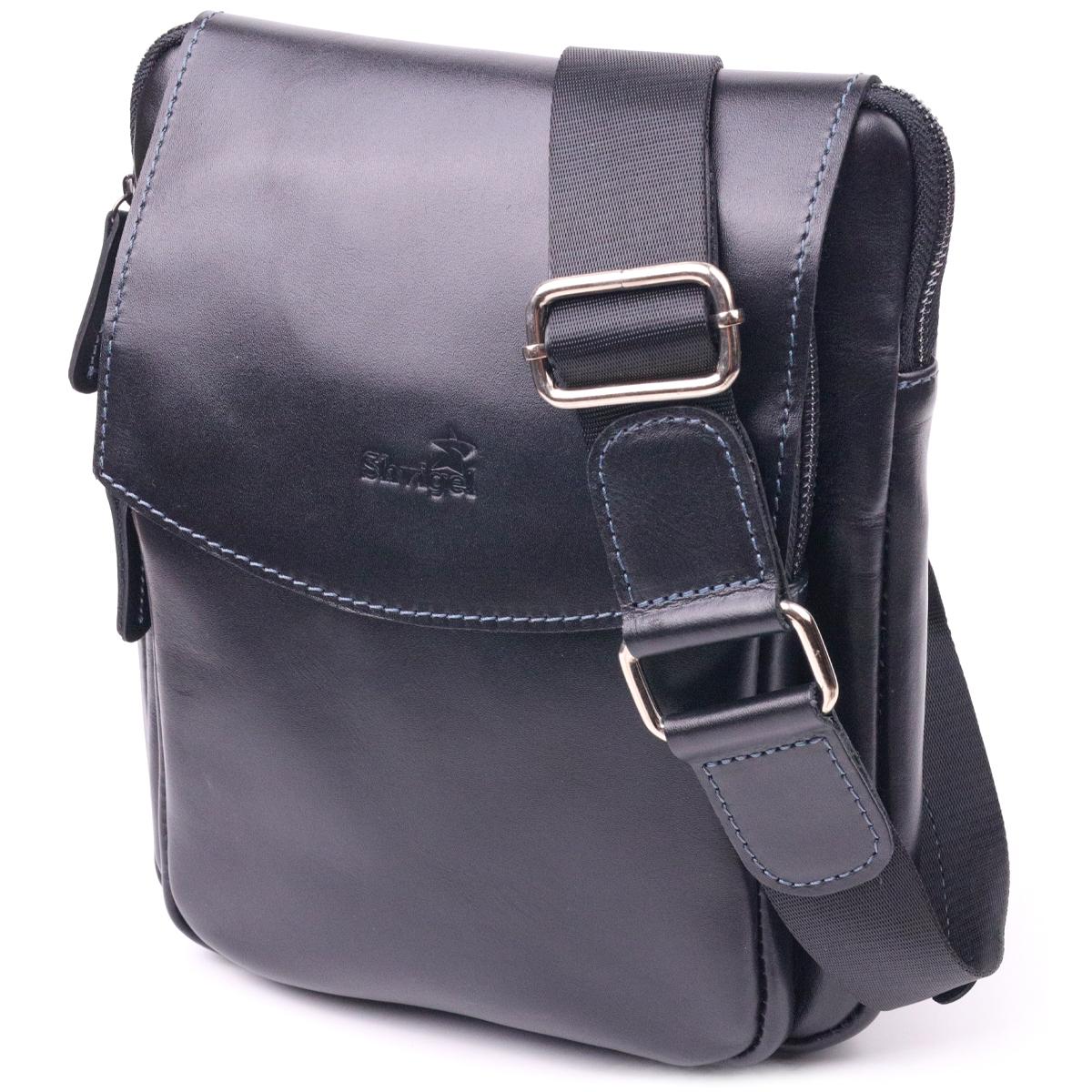 Сумка кожаная мужская SHVIGEL 18721 Bag из гладкой натуральной кожи 22х24х4 см Черный (55159)
