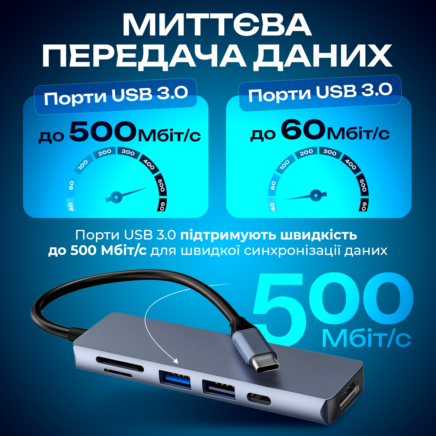 USB-хаб для ноутбука 6в1 4K HDMI 2 USB 3.0/SD/TF Card Reader/PD Female (Hub-6/1) - фото 4