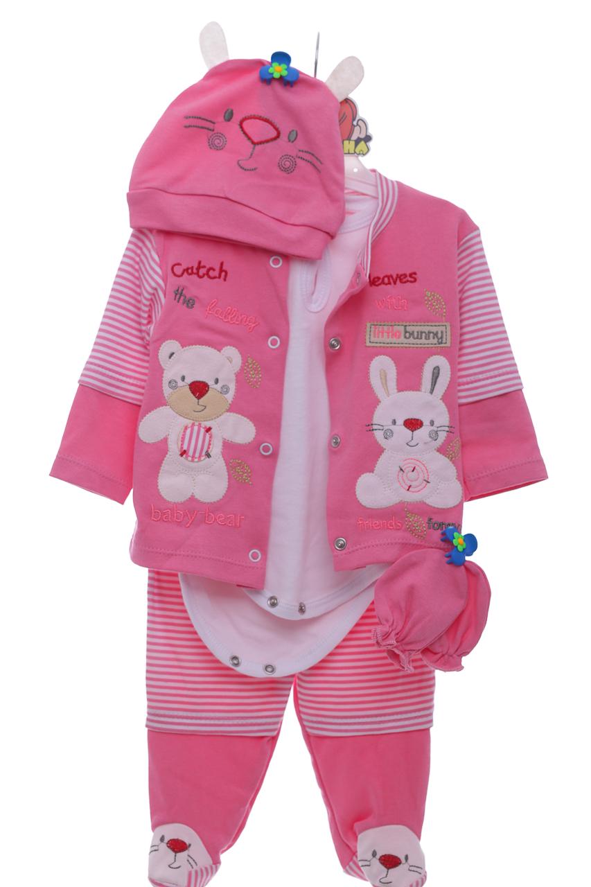 Комплект кофта/ползунки/боди и шапочка для девочки Baby Bear трикотаж 62 см Розовый (42601)
