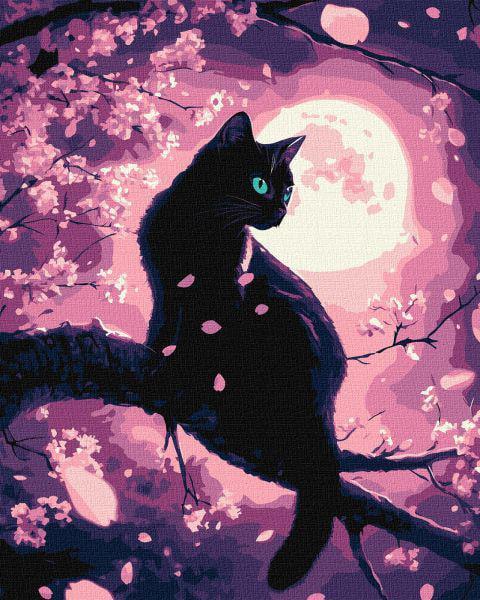 Картина за номерами Ideyka Чарівний кіт серед сакури з фарбами металік 40x50 см (Id-KHO6757)