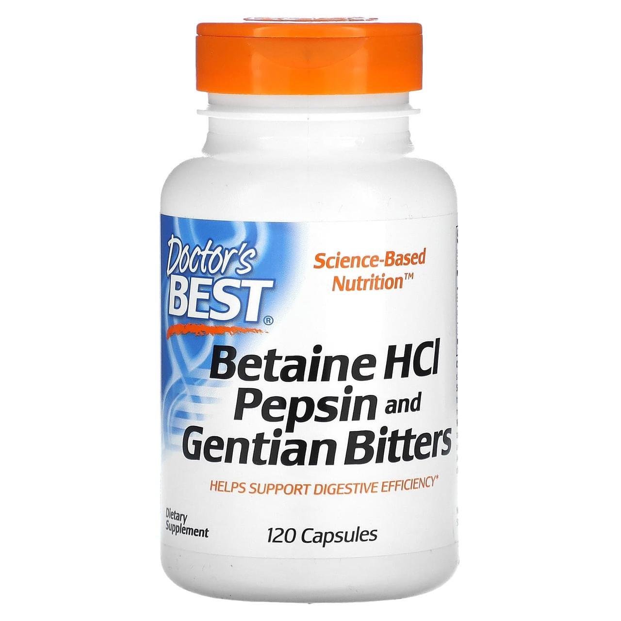 Бетаин гидрохлорид с пепсином и горечавкой Doctor's Best Betaine HCL Pepsin Gentian Bitters 120 капс.