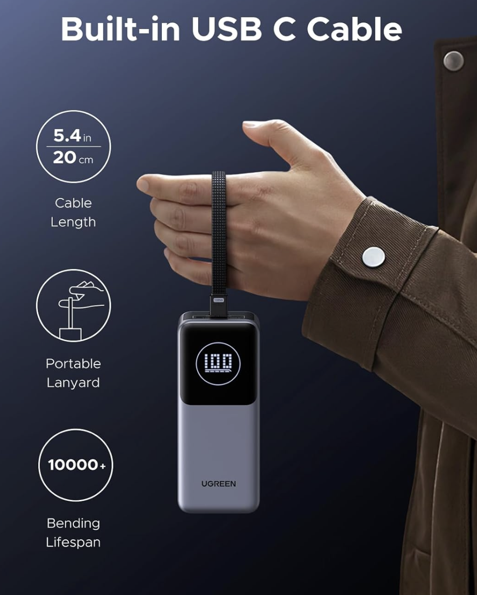 Внешний аккумулятор UGREEN 130W 20000 mAh Nexode Power Bank встроенный USB-C кабель и дисплей - фото 5