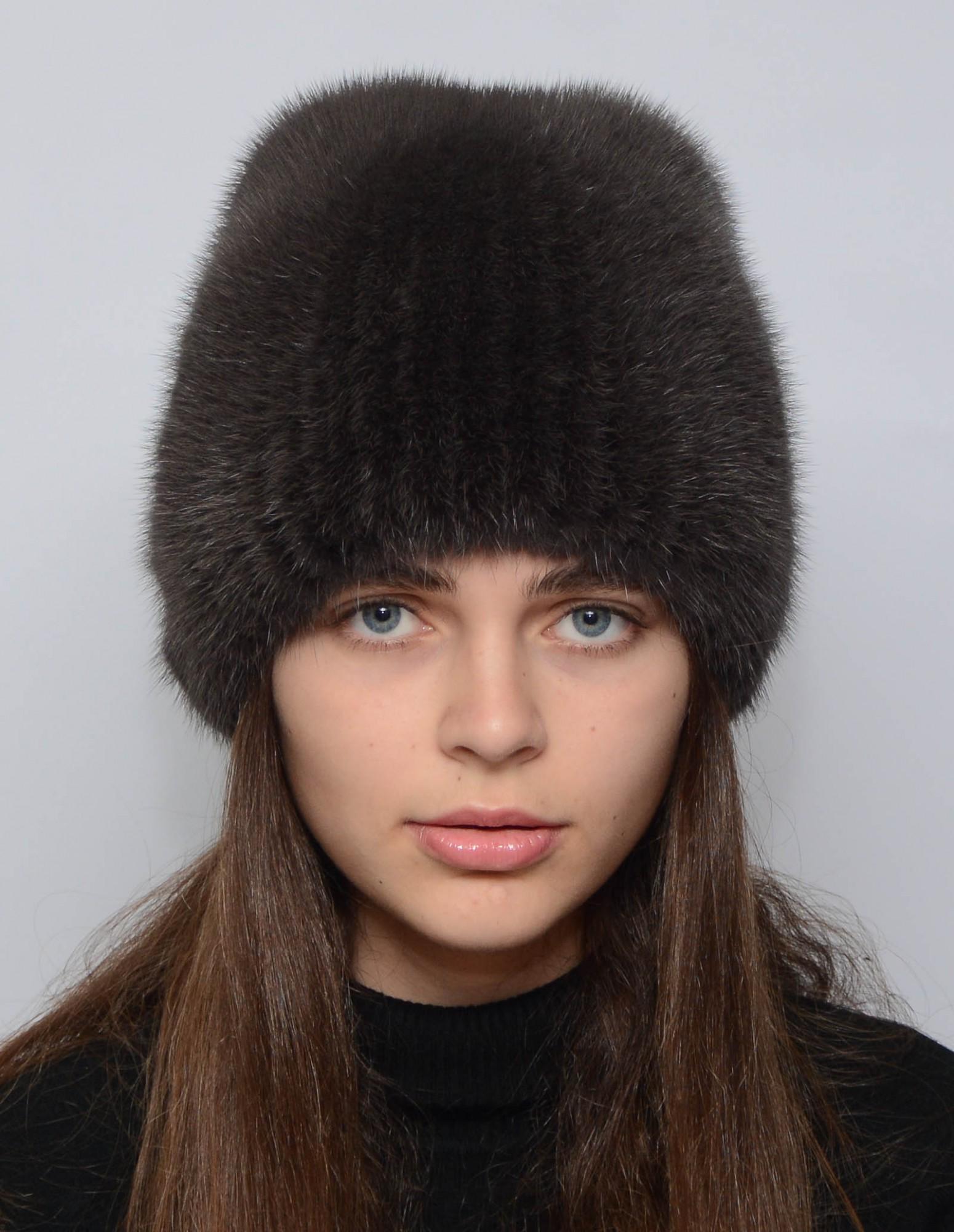 Зимняя шапка-кубанка из вязаной норки Меховой стиль Хвост натуральный мех M-L Кофе (109/С)