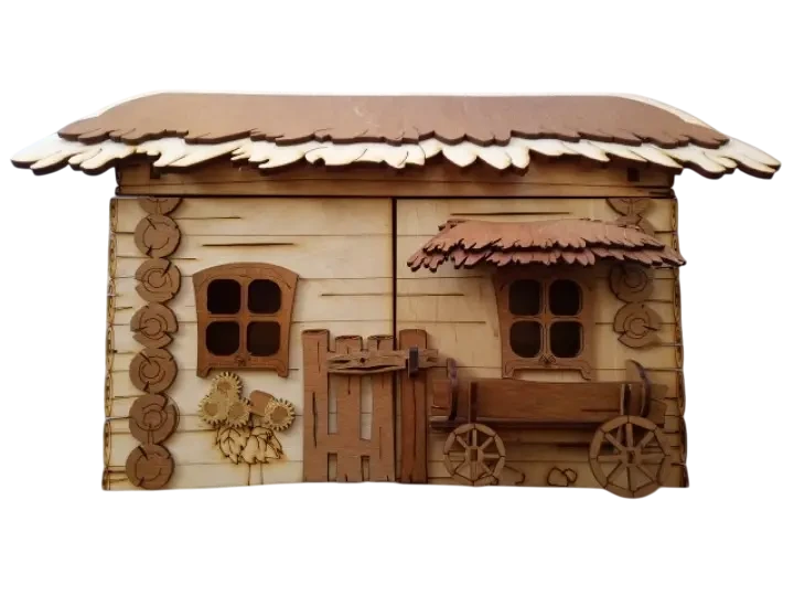 Ключница из дерева настенная Хатинка Сельский домик с повозкой для 6 пар ключей двустворчатая (CNT00012039)