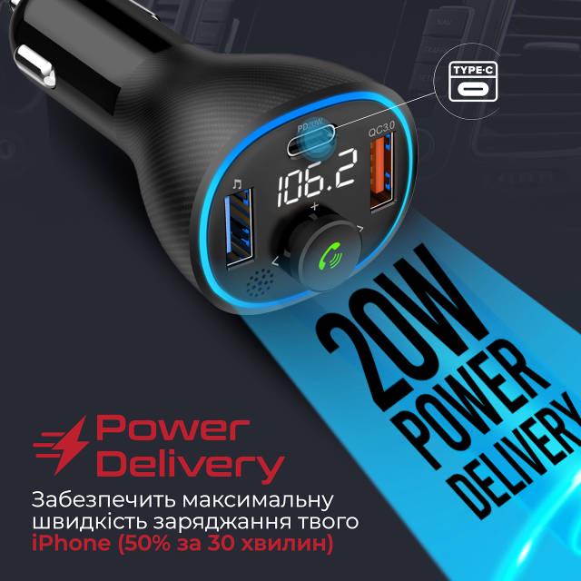 FM-трансмітер Bluetooth Promate PowerTune-38W USB-A OTG/USB-A QC3.0/USB-C PD Black - фото 5