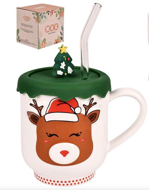 Чашка новогодняя с крышкой и трубочкой R101167 Deer 350 мл Чашка новогодняя с крышкой и трубочкой R101167 Deer 350 мл