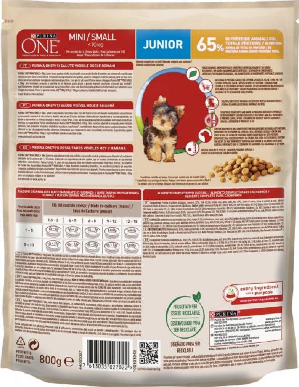 Корм сухой для щенков малых пород Purina One Mini Junior c курицей и рисом 800 г (7613035027022) - фото 2