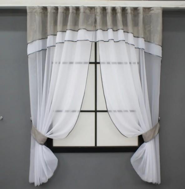 Шторки кухонные 280х170 см Белый/Серо-бежевый (084к) Шторки кухонные 280х170 см Белый/Серо-бежевый (084к)