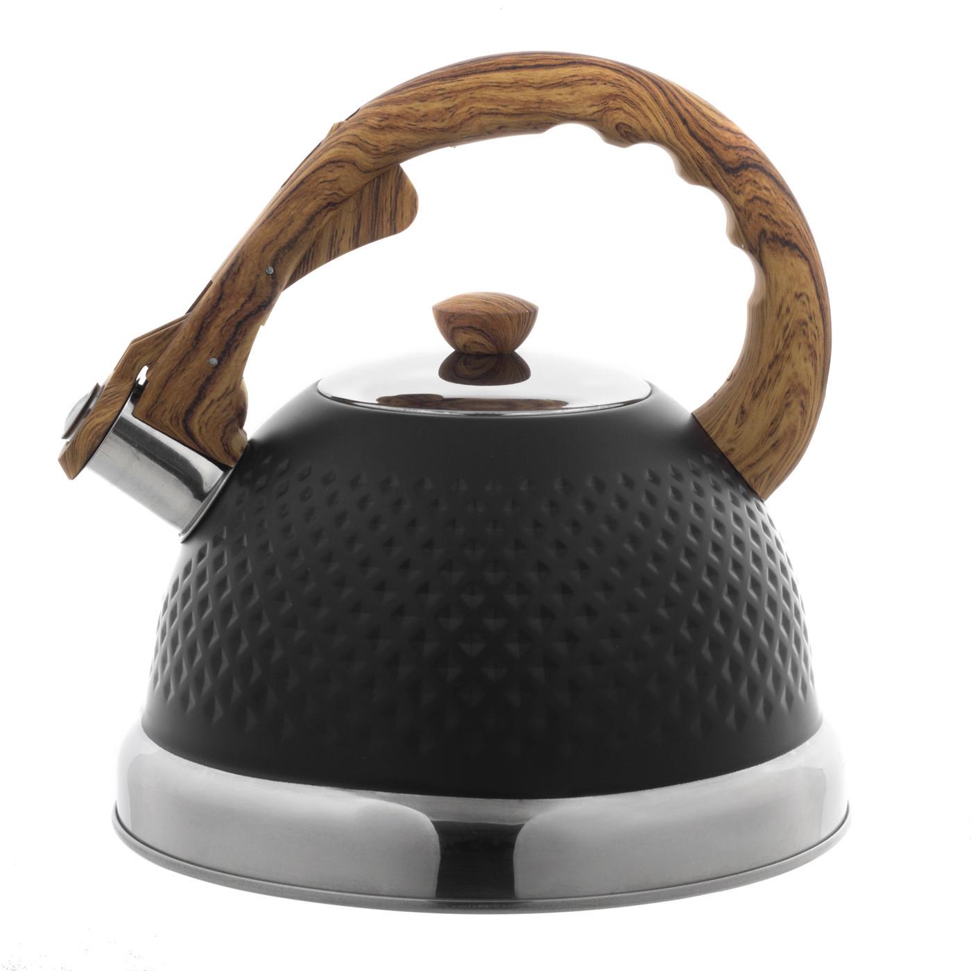 Чайник со свистком и ручкой с покрытием soft touch под дерево Ofenbach KM-100305 из нержавеющей стали 2,7 л Черный (150-84-100305.1) - фото 1