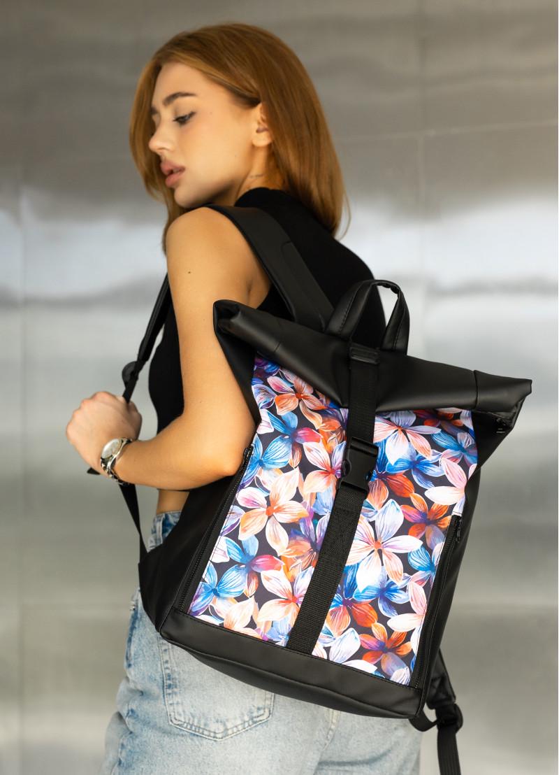 Рюкзак жіночий Sambag Roll Top One принт Flowers 41х30х16 см Чорний (24208153)