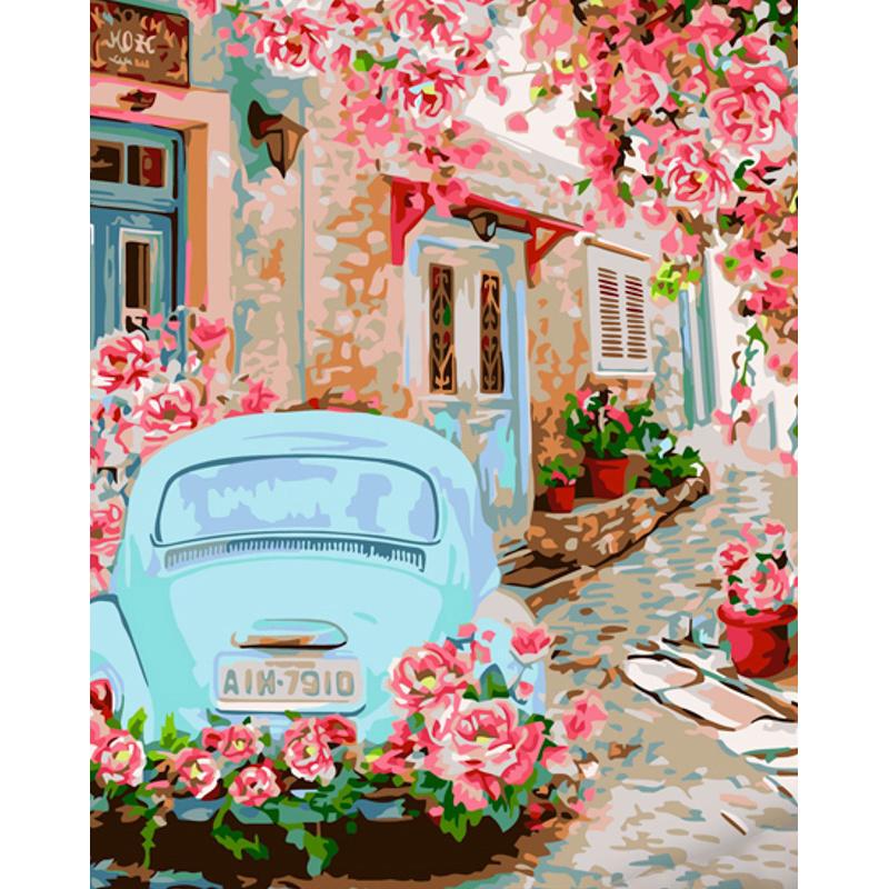 Картина по номерам Strateg Ретро-автомотивный автомобиль в цветах из лака 40x50 см (GS1524)