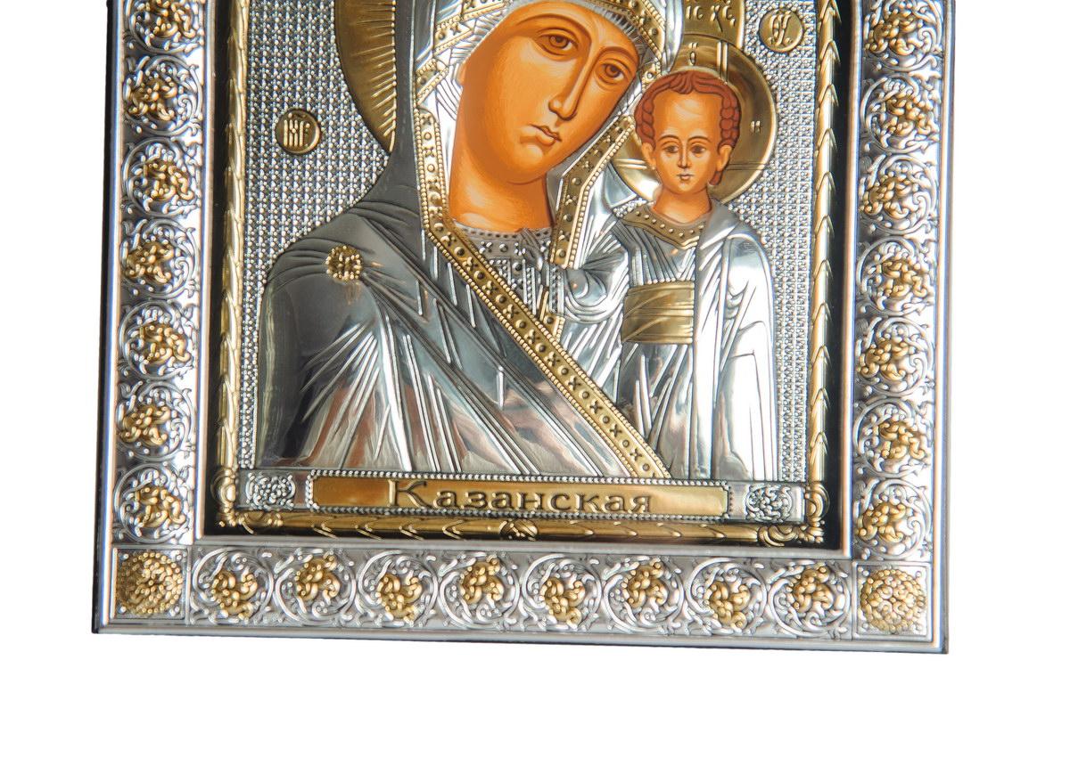 Икона серебряная Казанская Божья Матерь в арочном киоте под стеклом 21х26 см - фото 5