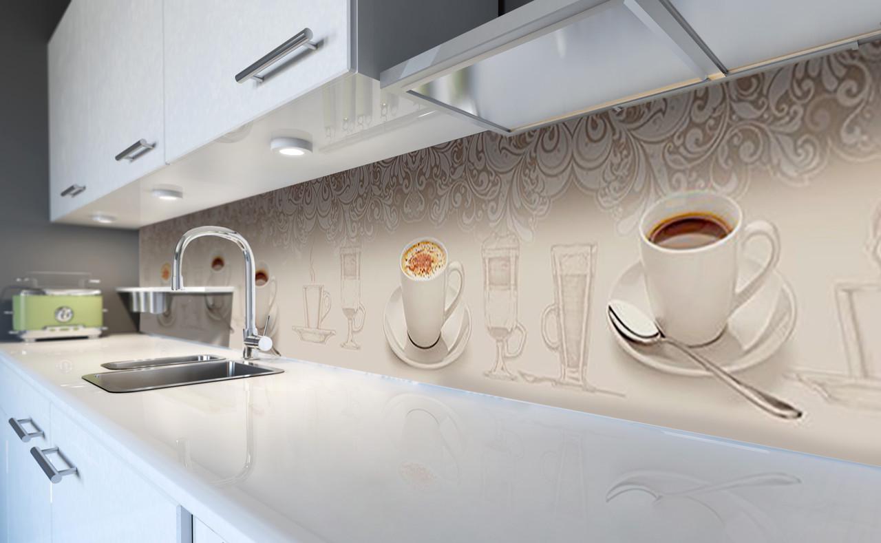 Кухонный фартук Капучино кофе чашки из самоклеющейся виниловой пленки 65х250 см Бежевый