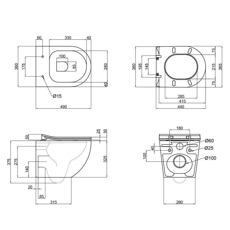 Унітаз підвісний Qtap Robin Rimless 490x370x360 мм із сидінням Slim Duroplast/Soft-close/Quick relase бачок 3/7,15 л Matt Black (QT1333046ENRMB) - фото 2