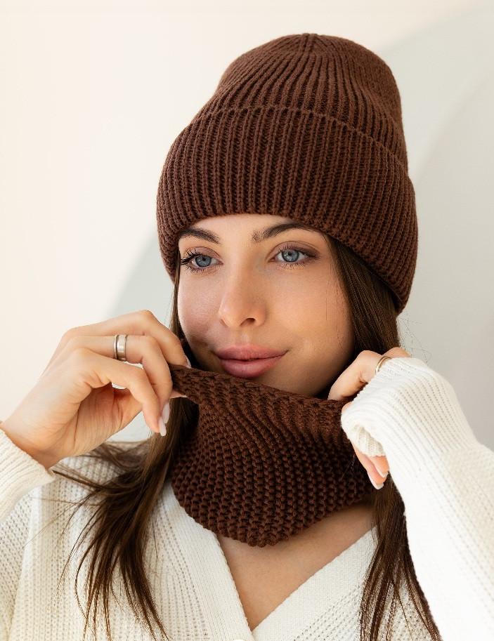 Шапка и хомут женские вязаные 2 из шерсти с отворотом Коричневый (2760119319)
