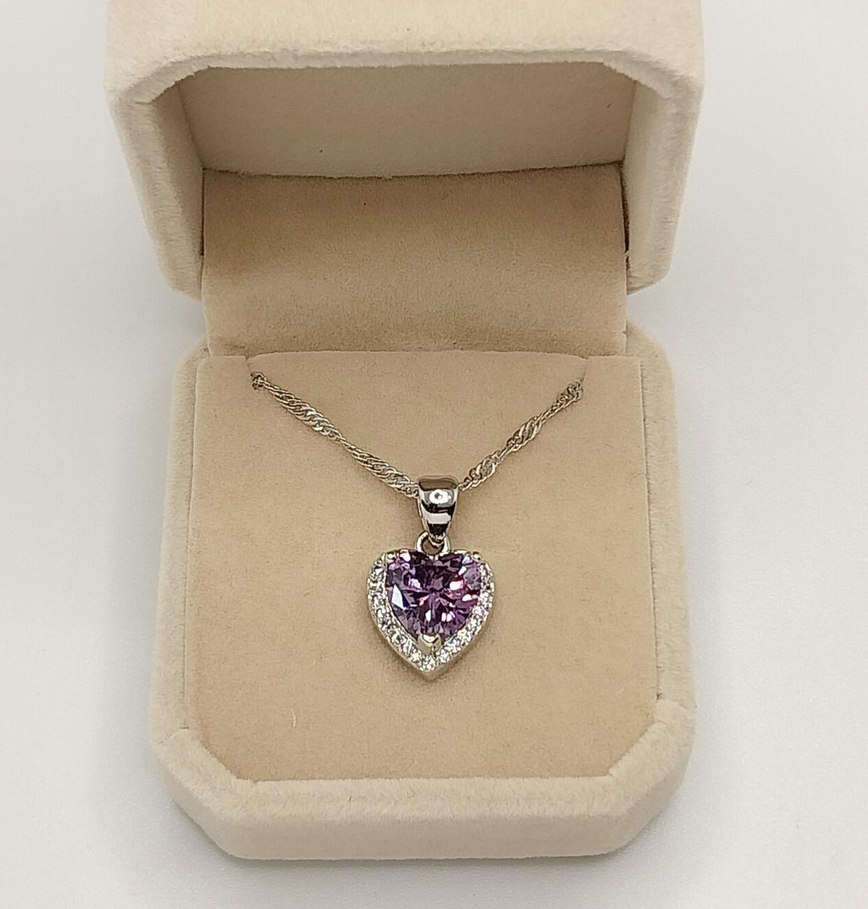 Кулон аметистове серце з цирконами в оправі ювелірний сплав срібло в оксамитовій коробочці (16146)