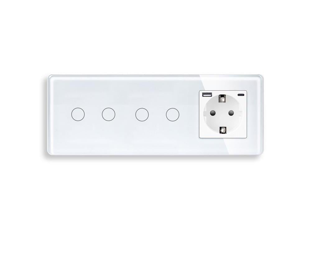 Выключатель проходной/сенсорный ELIOS 4 сенсоры 2-2 с розеткой USB A+C 20Вт с заземлением/шторками стекло Белый