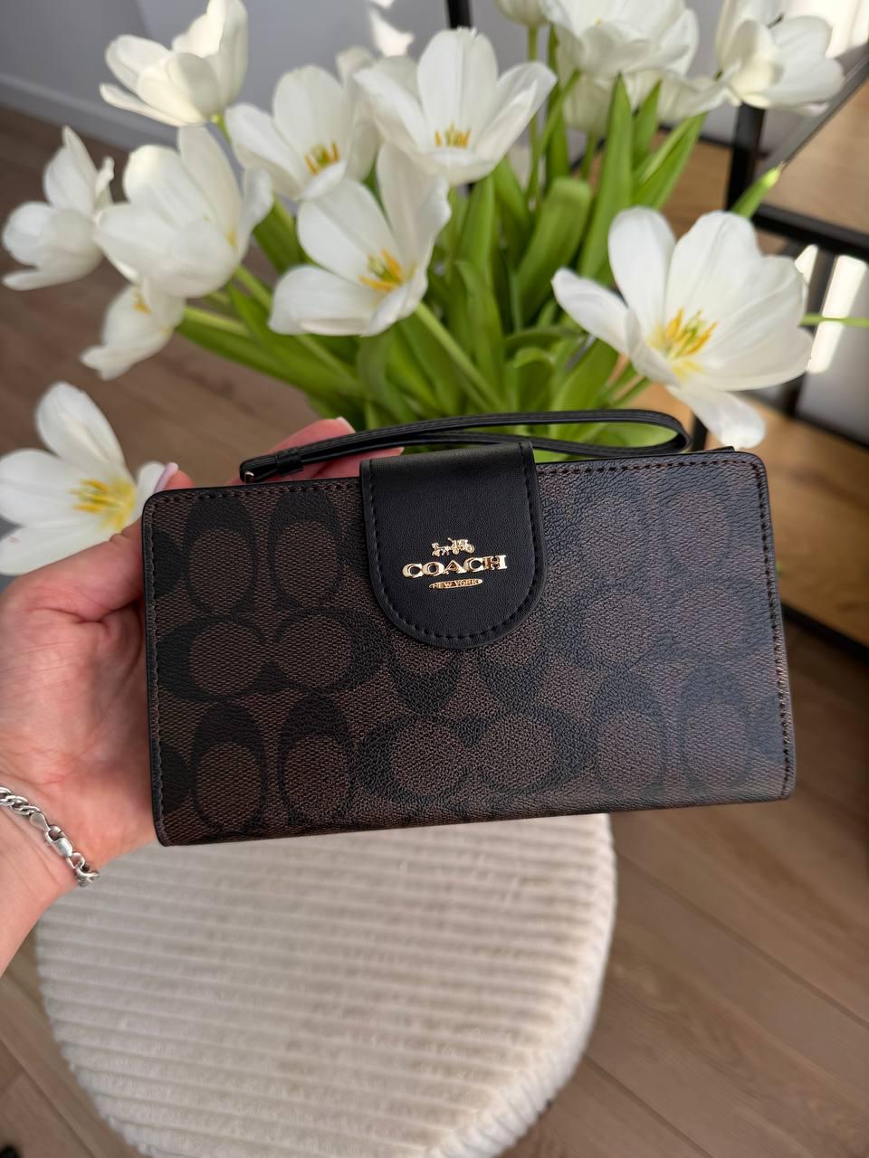 Гаманець книжка з відділенням для телефону Long Zip Around Wallet Case In Signature Canvas натуральна шкіра Чорно-коричневий