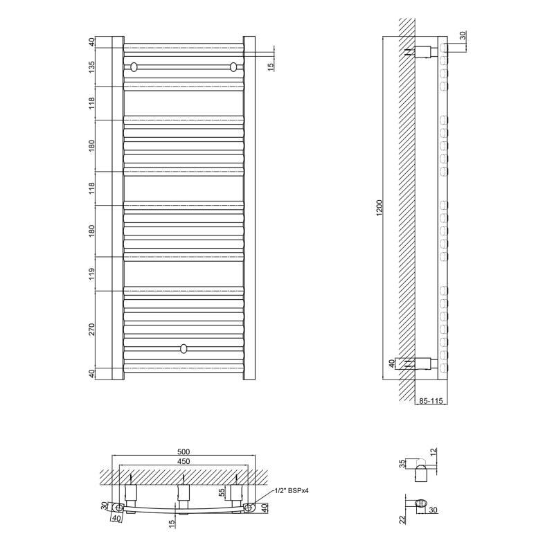 Сушарка для рушників Q-tap Dias SIL P21 HY 1200x500 водяна/настінна - фото 2