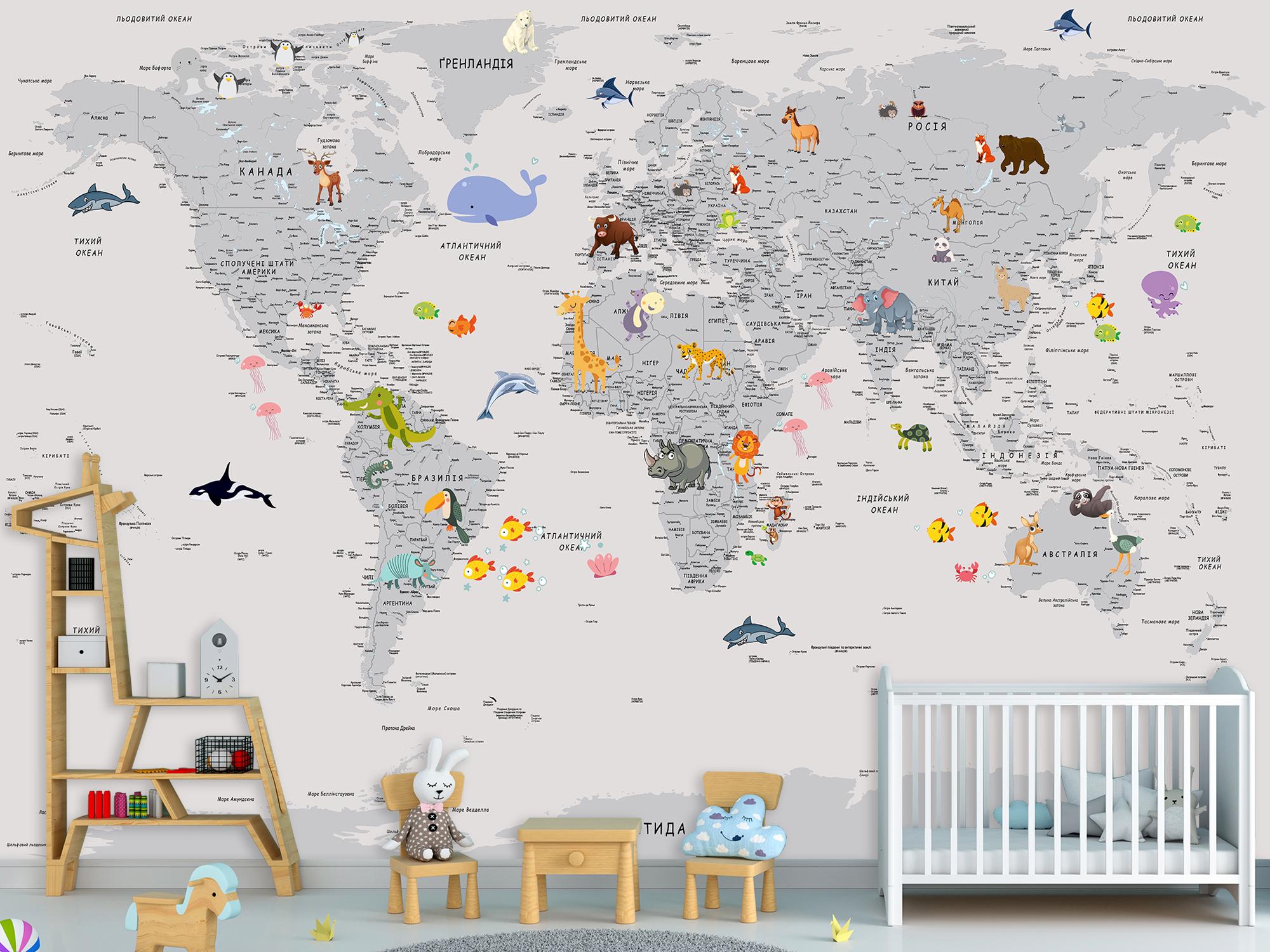 Фотошпалери флізелінові Upstream Дитяча мапа світу з смішними тваринами 180х120 см (WMK-017/2) - фото 5