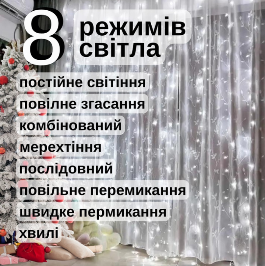 Гірлянда штора LED Крапля роси з крючками USB з пультом 3х3 м Білий (2415682930) - фото 2