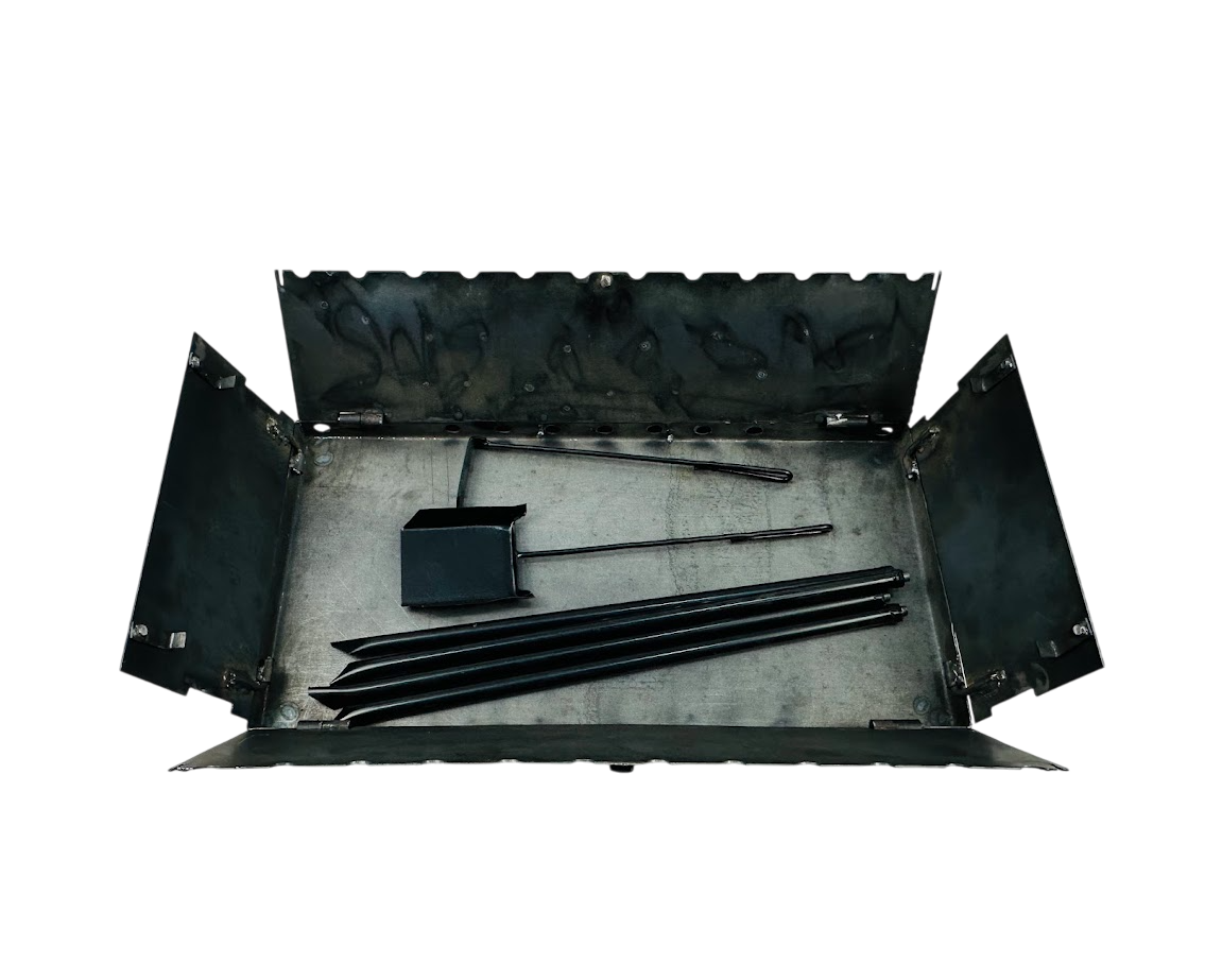 Раскладной мангал-чемодан из стали 3 мм кованый на 12 шампуров с кочергой и совком в чехле с ручками 60х30х70 см Черный (124-10-MG-5065)