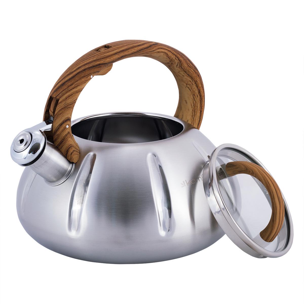 Чайник Kamille Vizo з нержавіючої сталі із свистком з ручкою під дерево 3 л Сріблястий (27198334) - фото 7 Чайник Kamille Vizo з нержавіючої сталі із свистком з ручкою під дерево 3 л Сріблястий (27198334) - фото 7