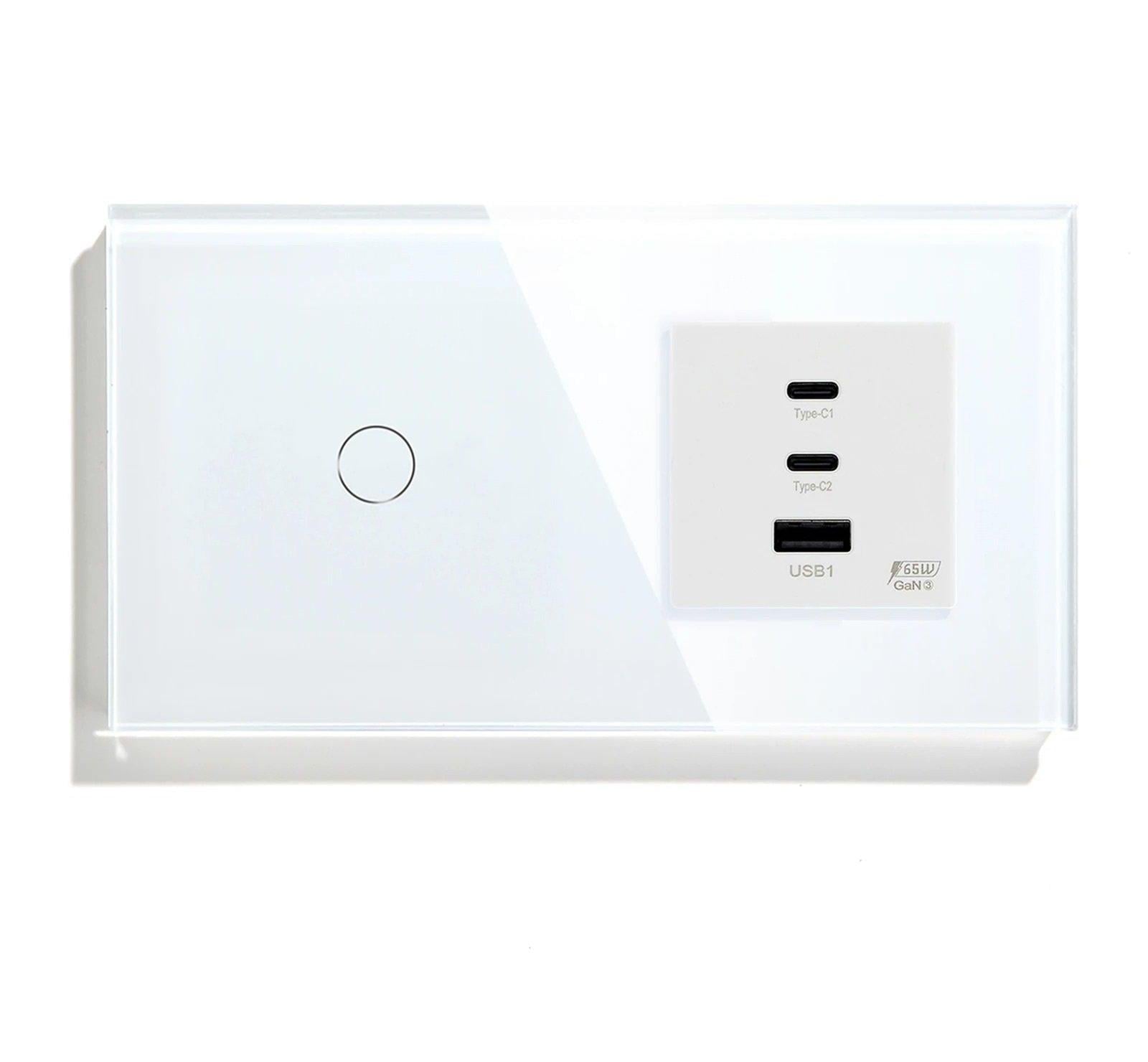 Выключатель умный LUXION сенсорный/проходной с розеткой USB A+C+C 65Вт стекло Белый