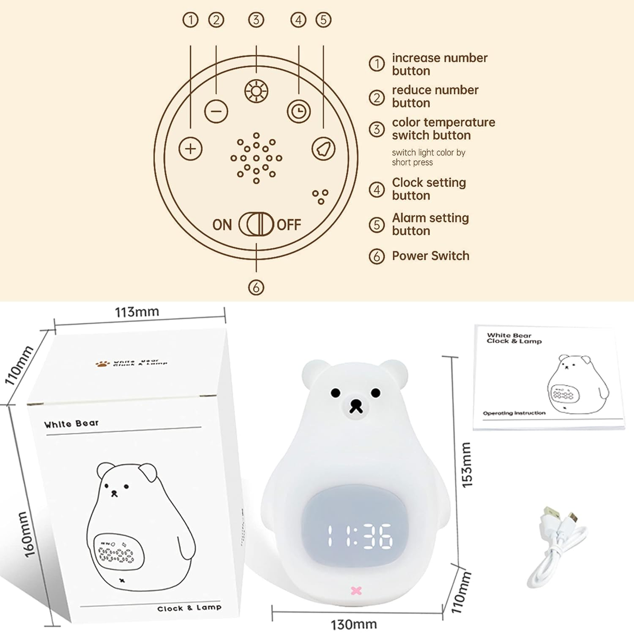 Аккумуляторний нічник-часи VHG Y30 силіконовий Мишка Clock and Lamp Bear White - фото 8