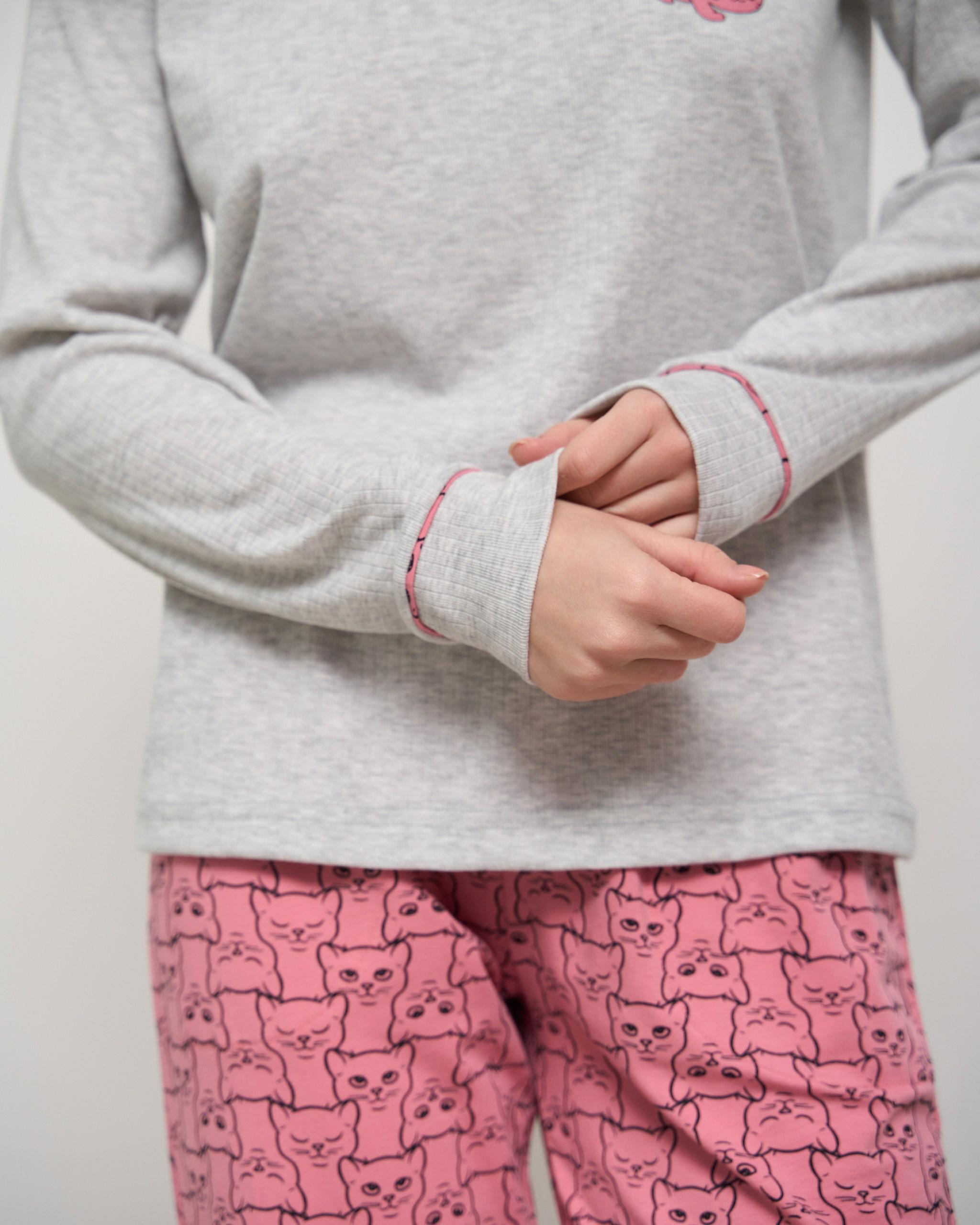 Пижама женская брюки и кофта Котики XL Светло-серый (96726) - фото 3 Пижама женская брюки и кофта Котики XL Светло-серый (96726) - фото 3