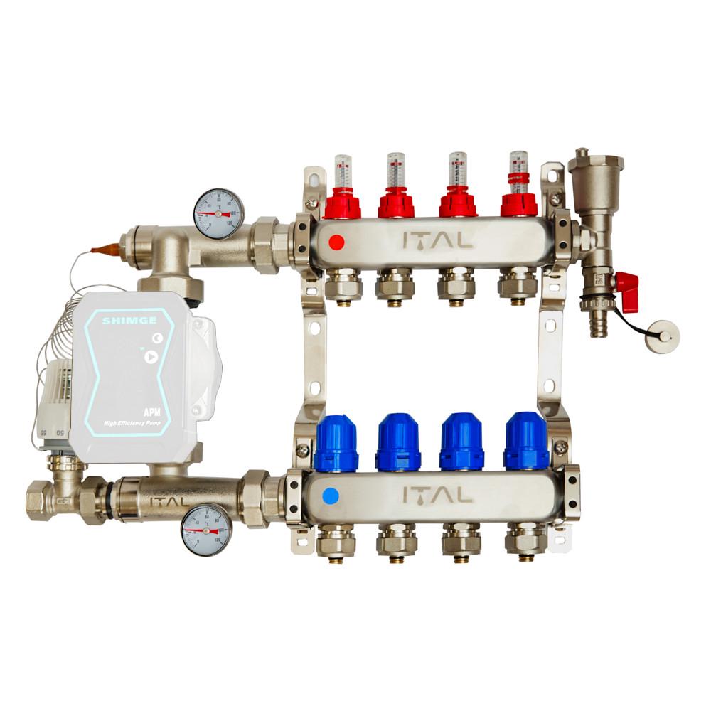 Комплект коллектора с расходомерами ITAL UHW-A04 из нержавеющей стали с прямым подключением - фото 1