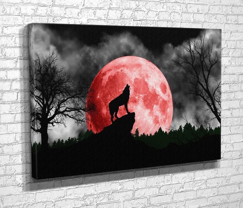 Картина для интерьера Волк и красная луна 80x54 см (736)