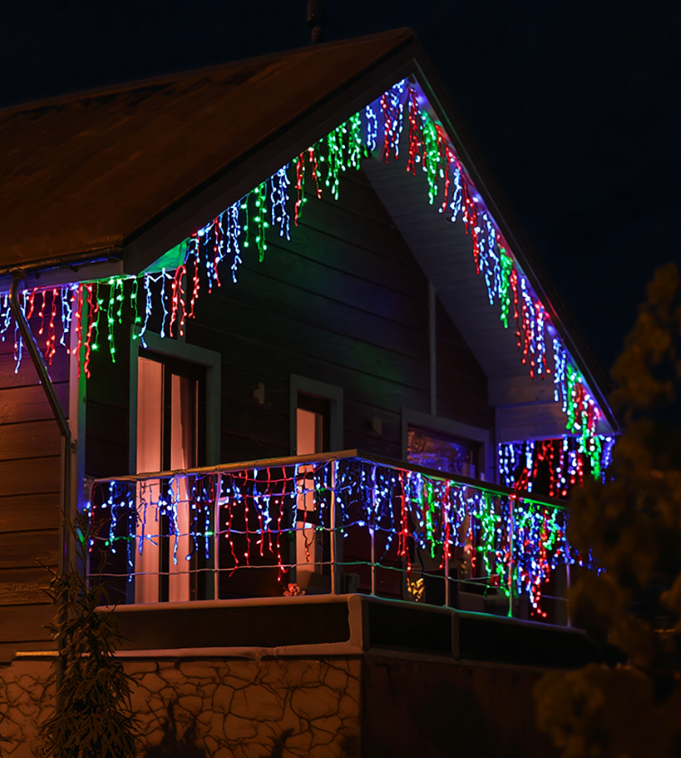 Гирлянда бахрома уличная 600 LED 36 м от сети черная нить Разноцветный