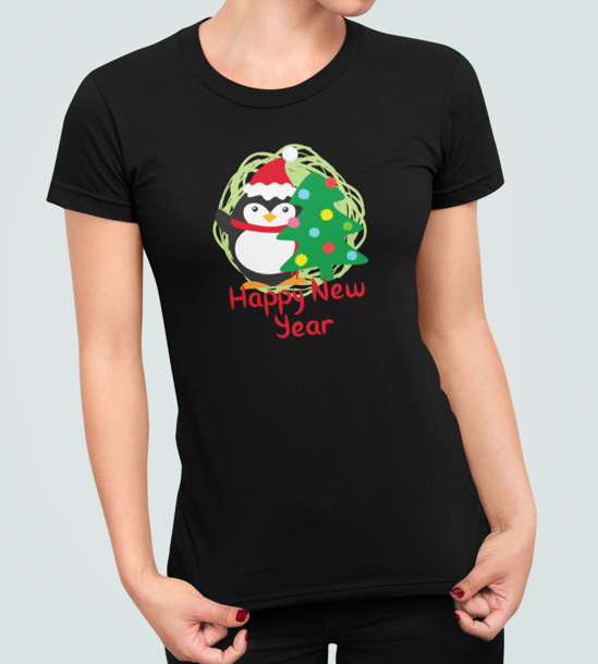 Футболка женская новогодняя Stedman с принтом Happy new year пингвин и елка XL Черный (НГ42.1-4)